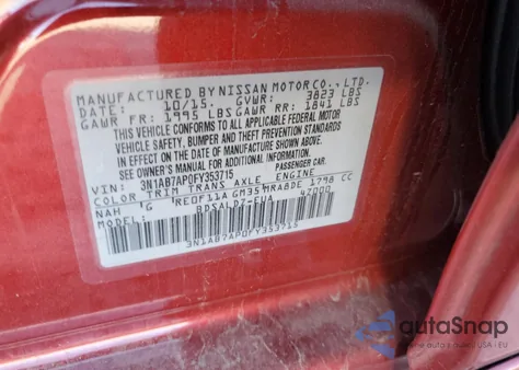 2015 Nissan Sentra Sv из США, поврежденный, VIN 3N1AB7AP0FY353715